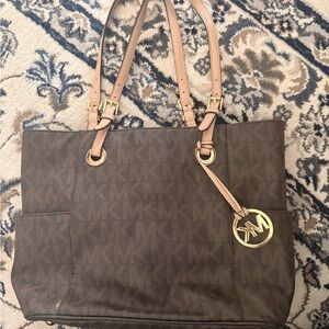 Michael Kors Brown Logo Tote with Tan Straps and Gold Charm